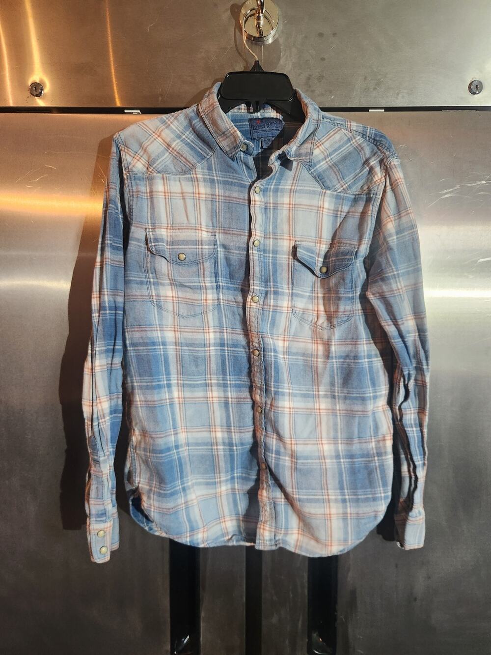 Lucky Brand True Indigo Western Pearl Snap Plaid Shirt Blue Rust Womens Size M